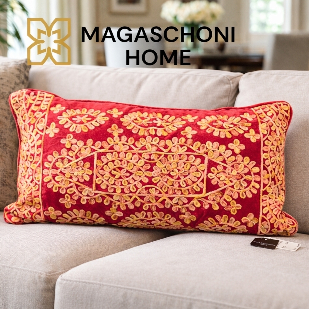 Magaschoni Home Dark Pink & Gold Embroidered Decorative Lumbar Pillow